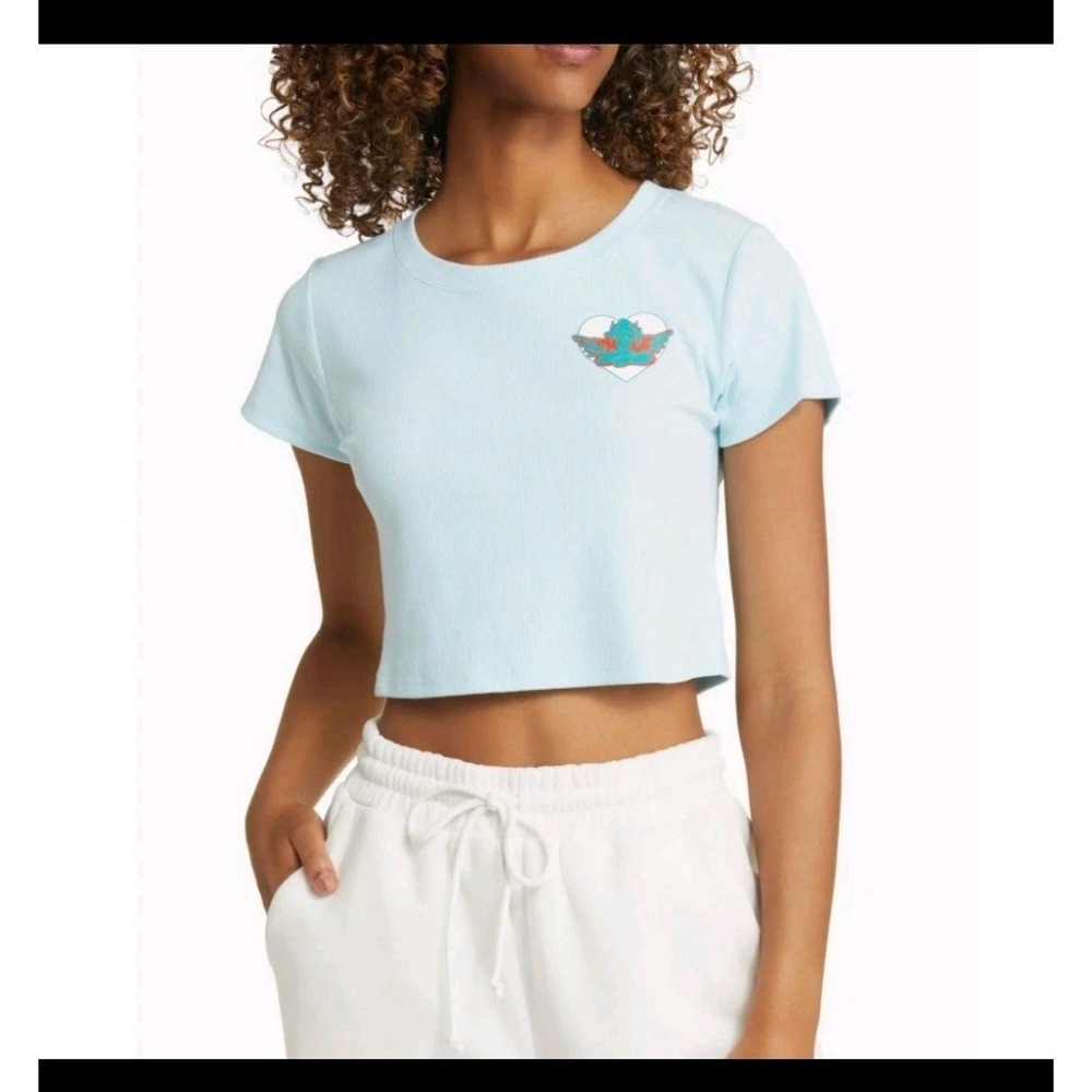Boys Lie Read Receipts Crop Ribbed Graphic T-Shirt Blue L Casual Soft Cherub Y2K